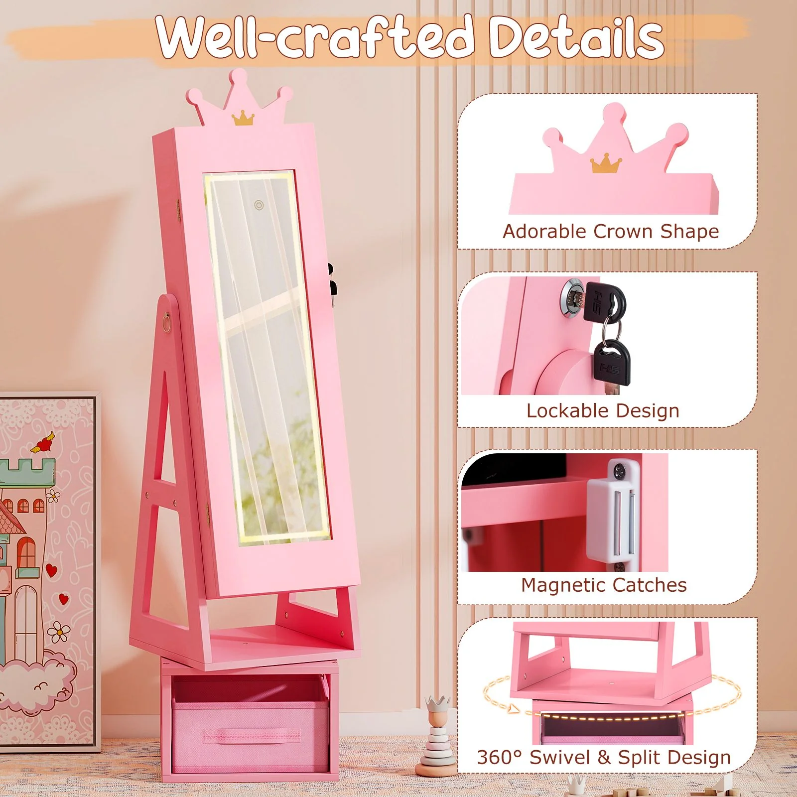 Swivel Kids Jewelry Cabinet with Lights and Full-Length Mirror - Image 9