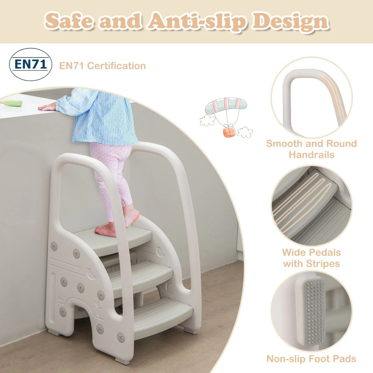Three-Step Stool with Safety Handles and Non-slip Pedals for Toddlers - Image 9