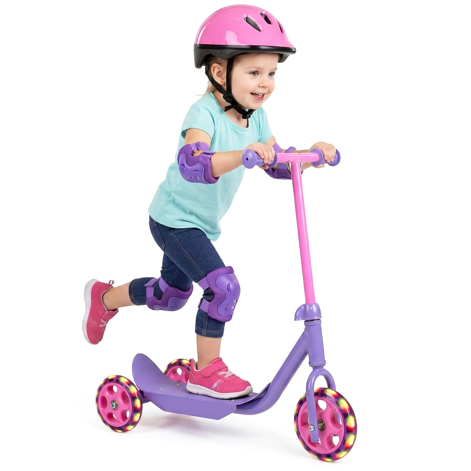 Toddler 3 Wheel Kick Scooter with LED Light Up Wheels and Wide Anti Slip Deck