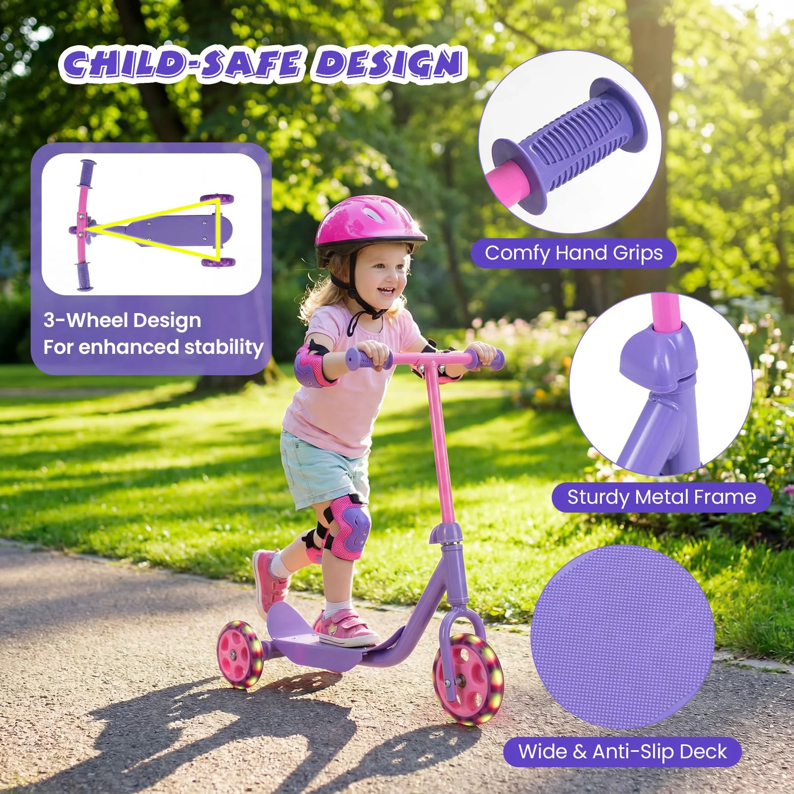 Toddler 3 Wheel Kick Scooter with LED Light Up Wheels and Wide Anti Slip Deck - Image 6