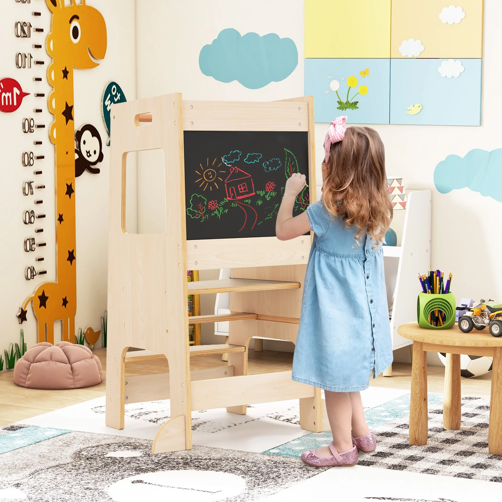 Toddler Kitchen Step Stool with Activity Chalkboard and Adjustable Height - Image 3