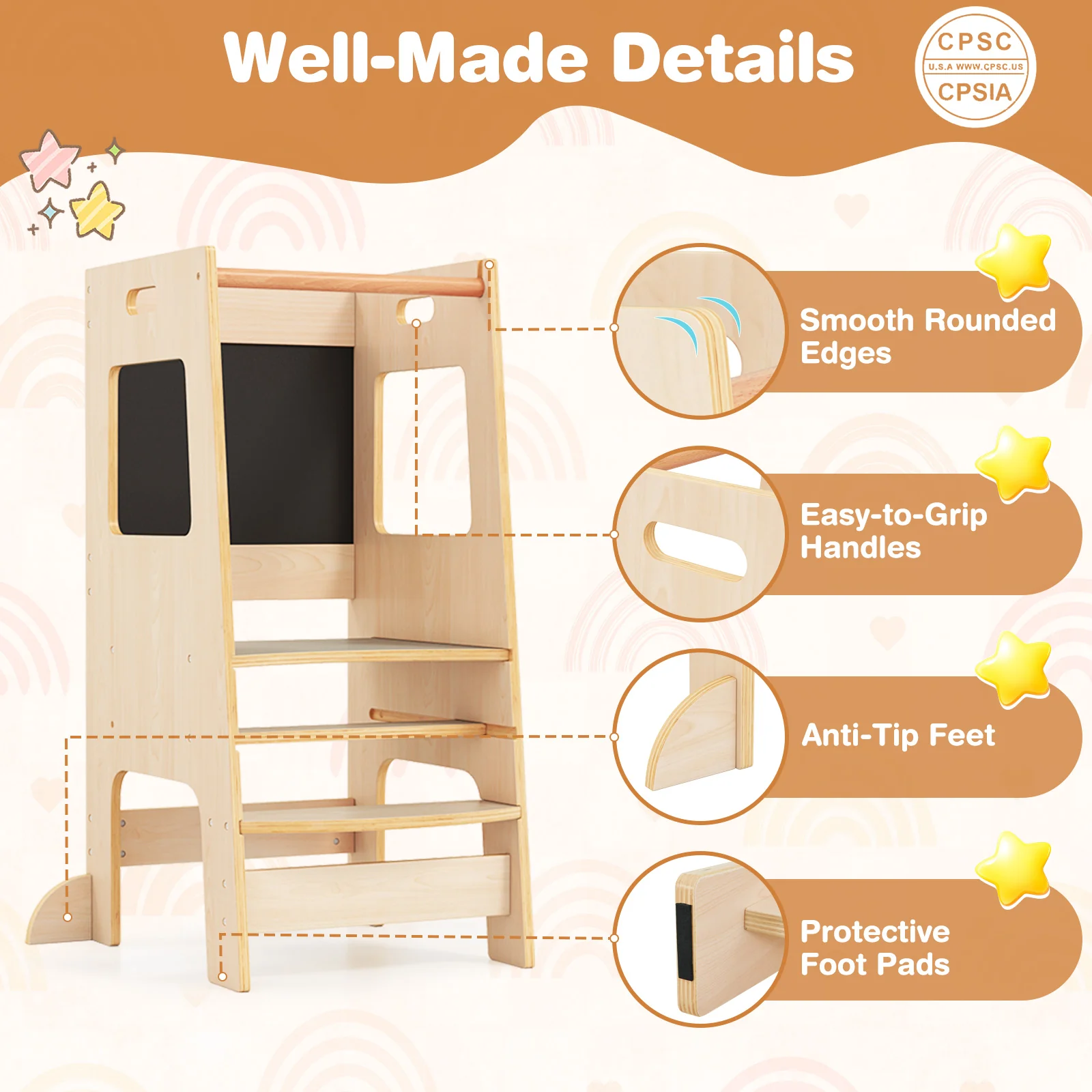 Toddler Kitchen Step Stool with Activity Chalkboard and Adjustable Height - Image 4
