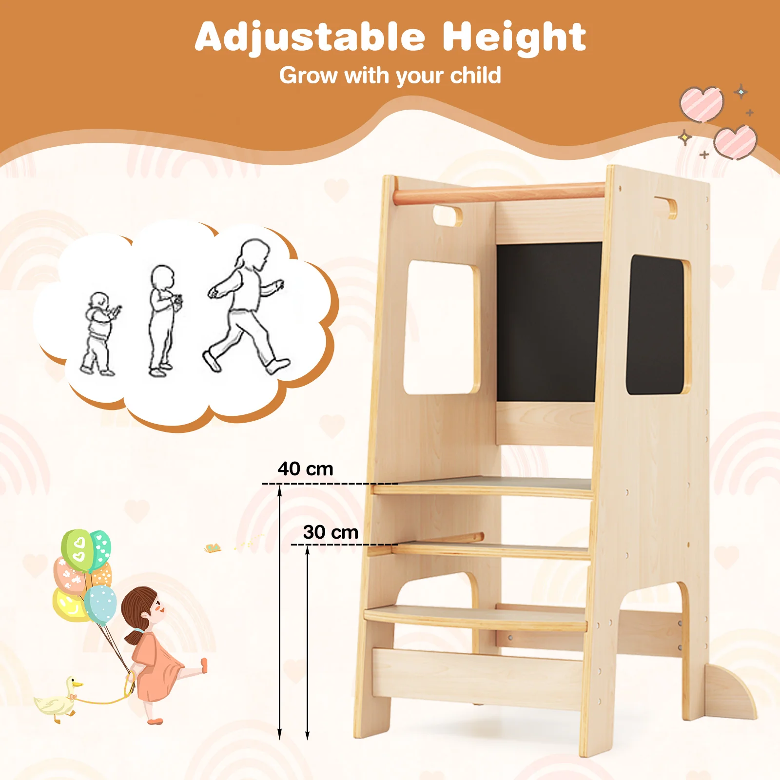 Toddler Kitchen Step Stool with Activity Chalkboard and Adjustable Height - Image 5