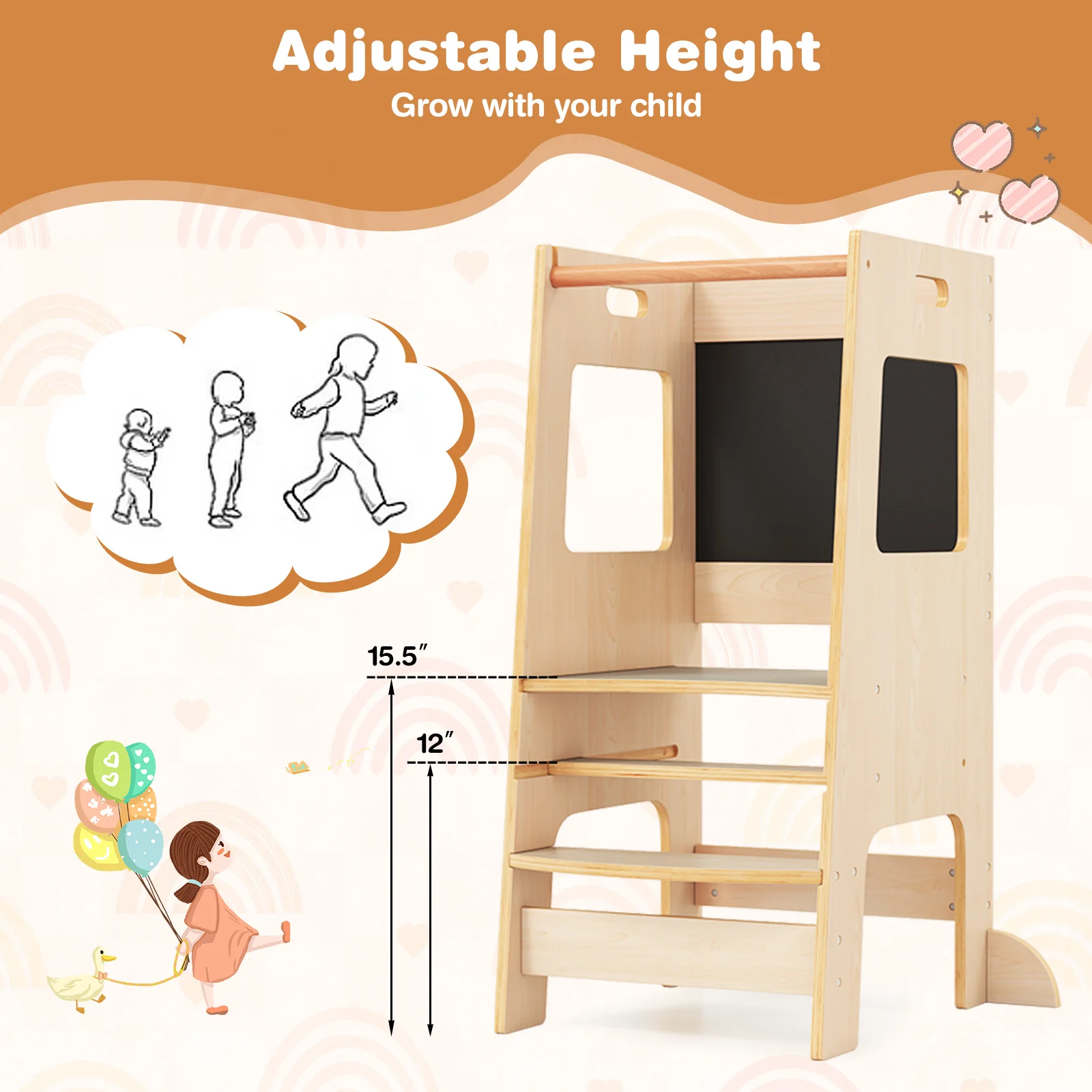Toddler Kitchen Step Stool with Activity Chalkboard and Adjustable Height - Image 6