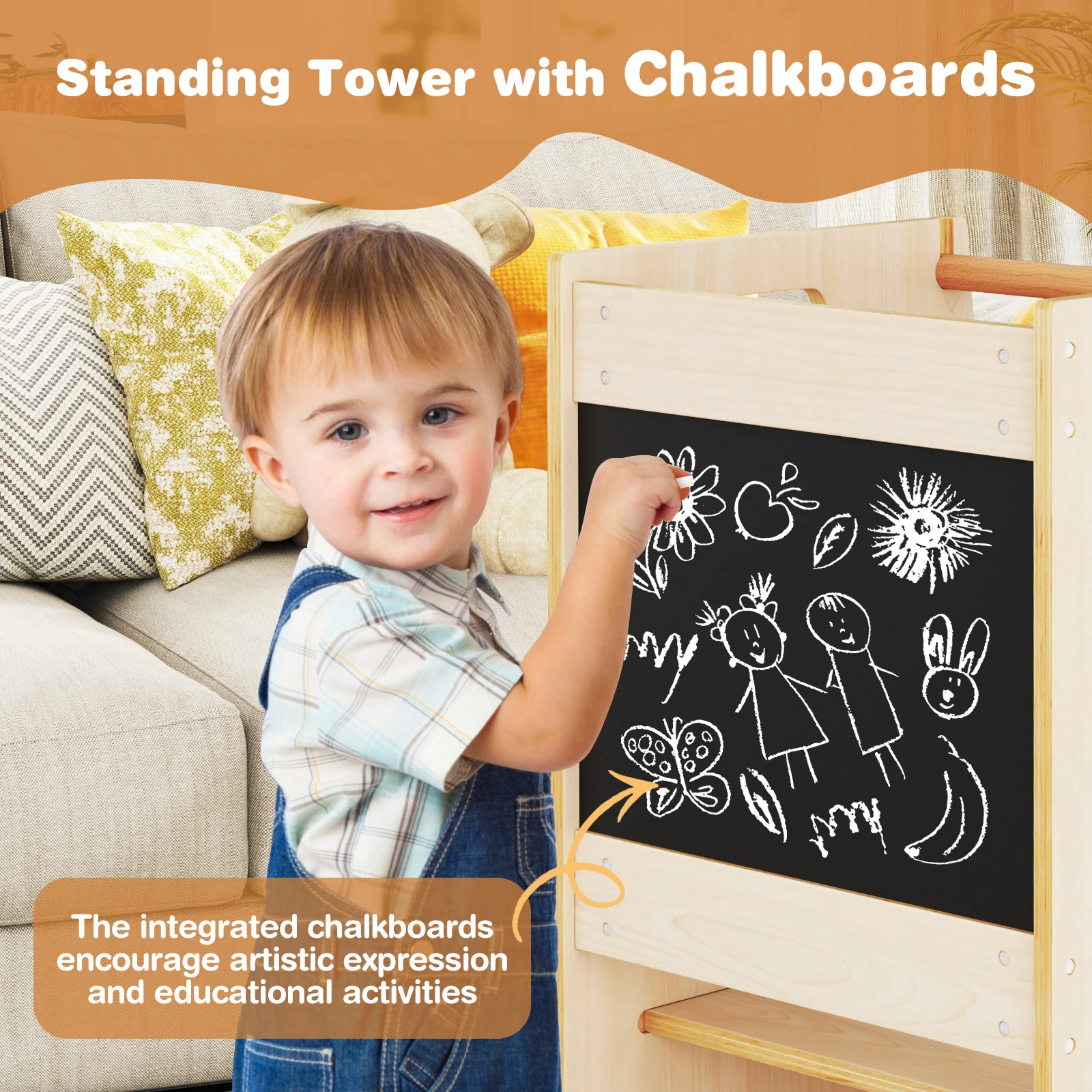 Toddler Kitchen Step Stool with Activity Chalkboard and Adjustable Height - Image 7