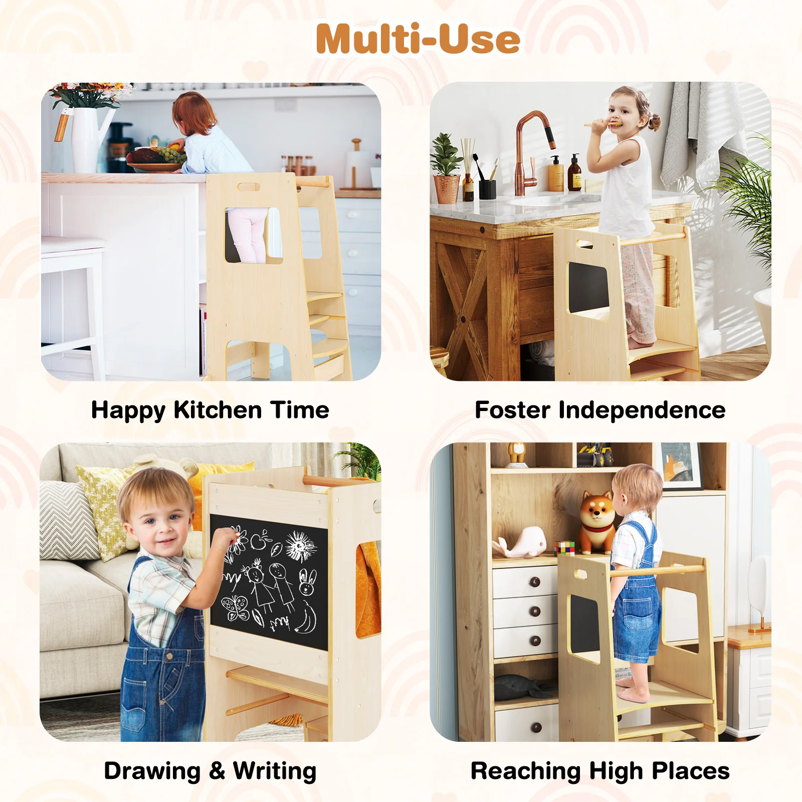 Toddler Kitchen Step Stool with Activity Chalkboard and Adjustable Height - Image 9