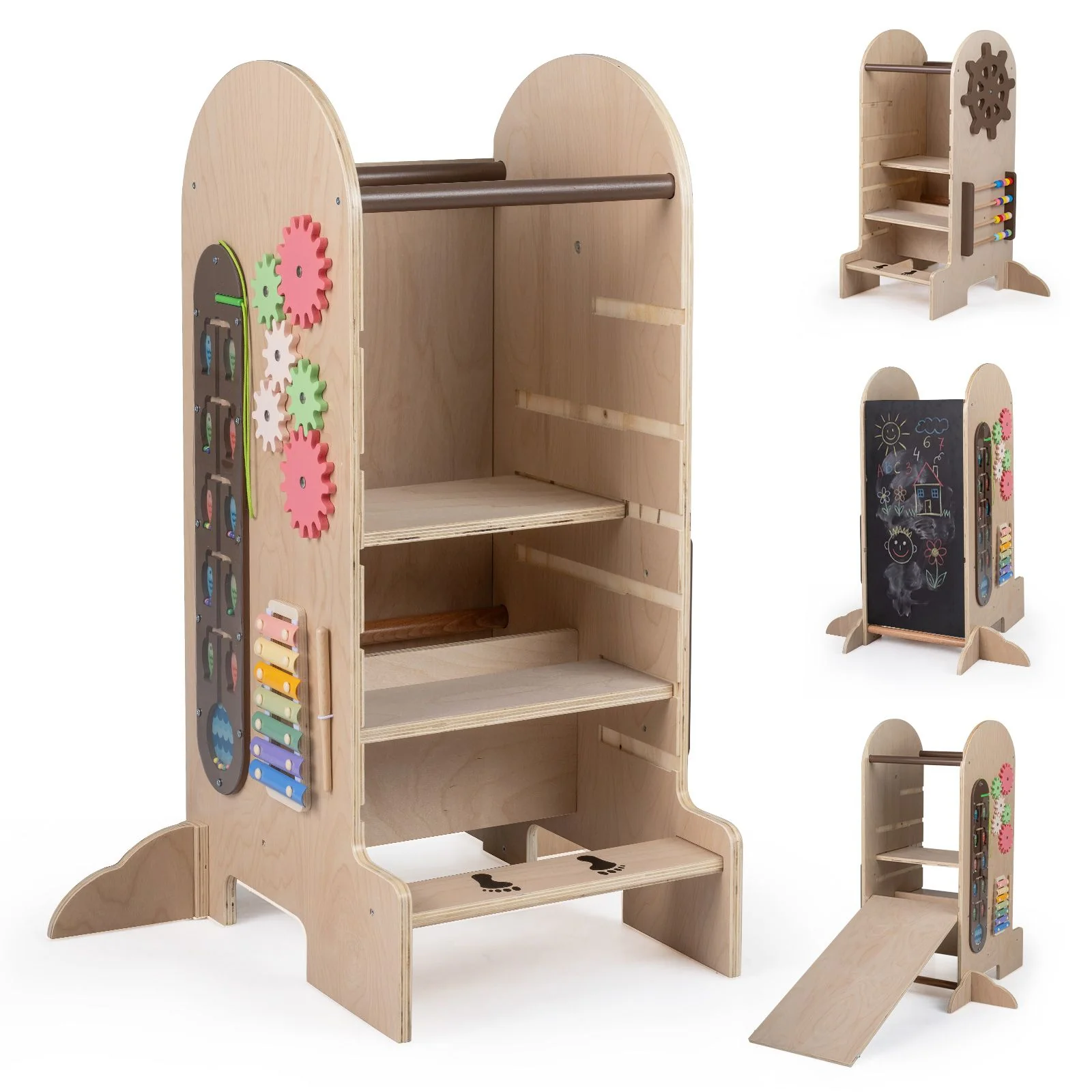 Toddler Learning Tower with Adjustable Height Chalkboard Slide and Safety Rails