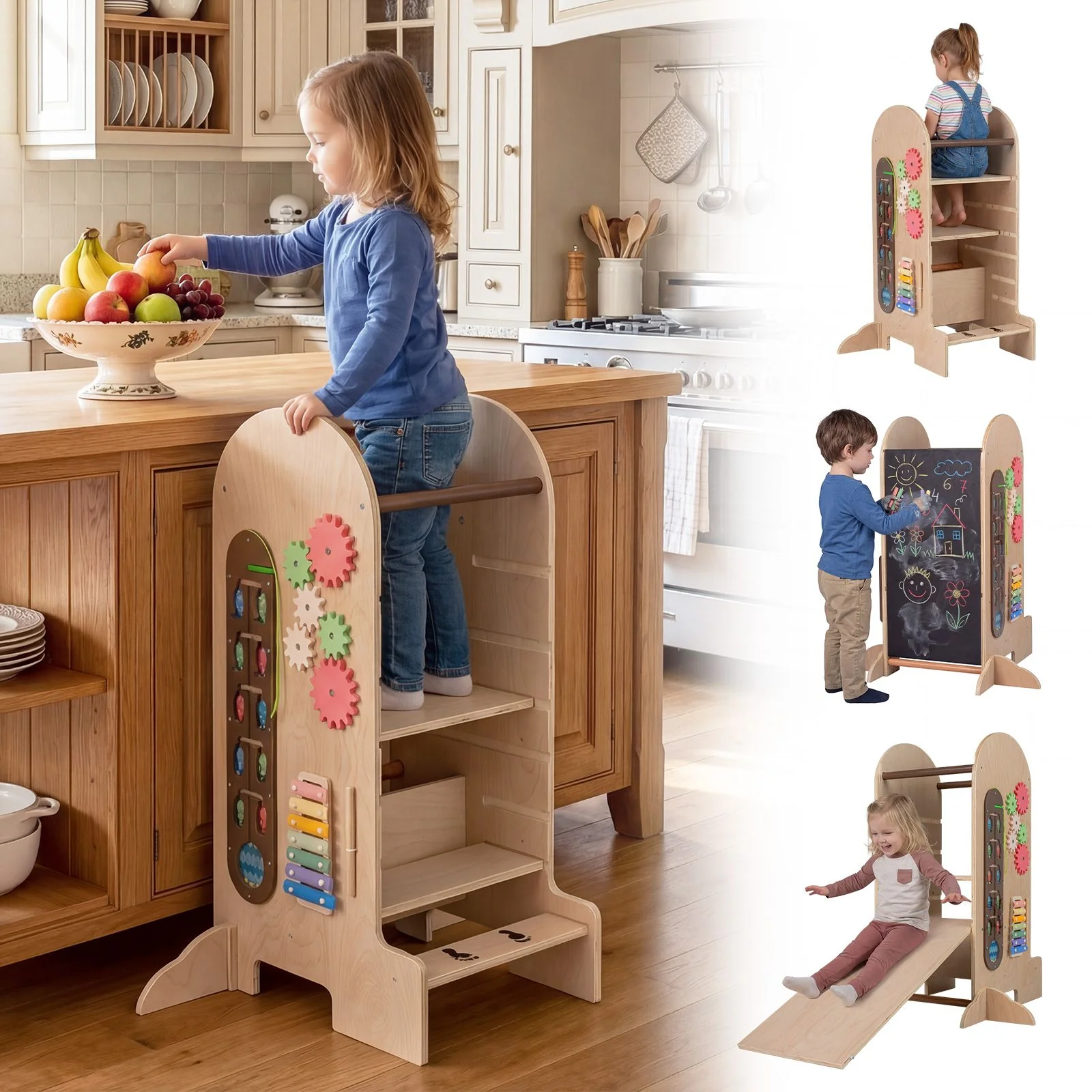Toddler Learning Tower with Adjustable Height Chalkboard Slide and Safety Rails - Image 2