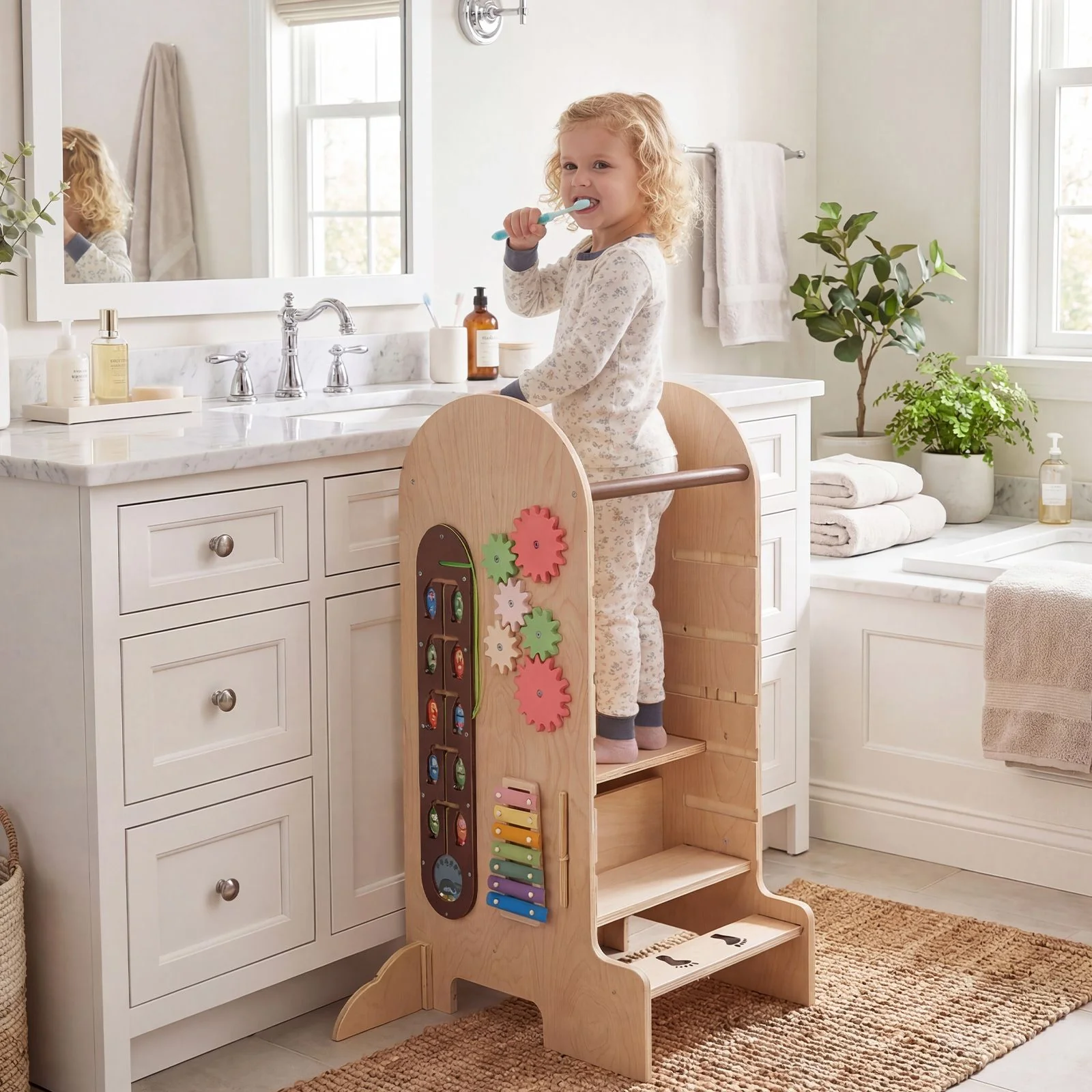 Toddler Learning Tower with Adjustable Height Chalkboard Slide and Safety Rails - Image 4