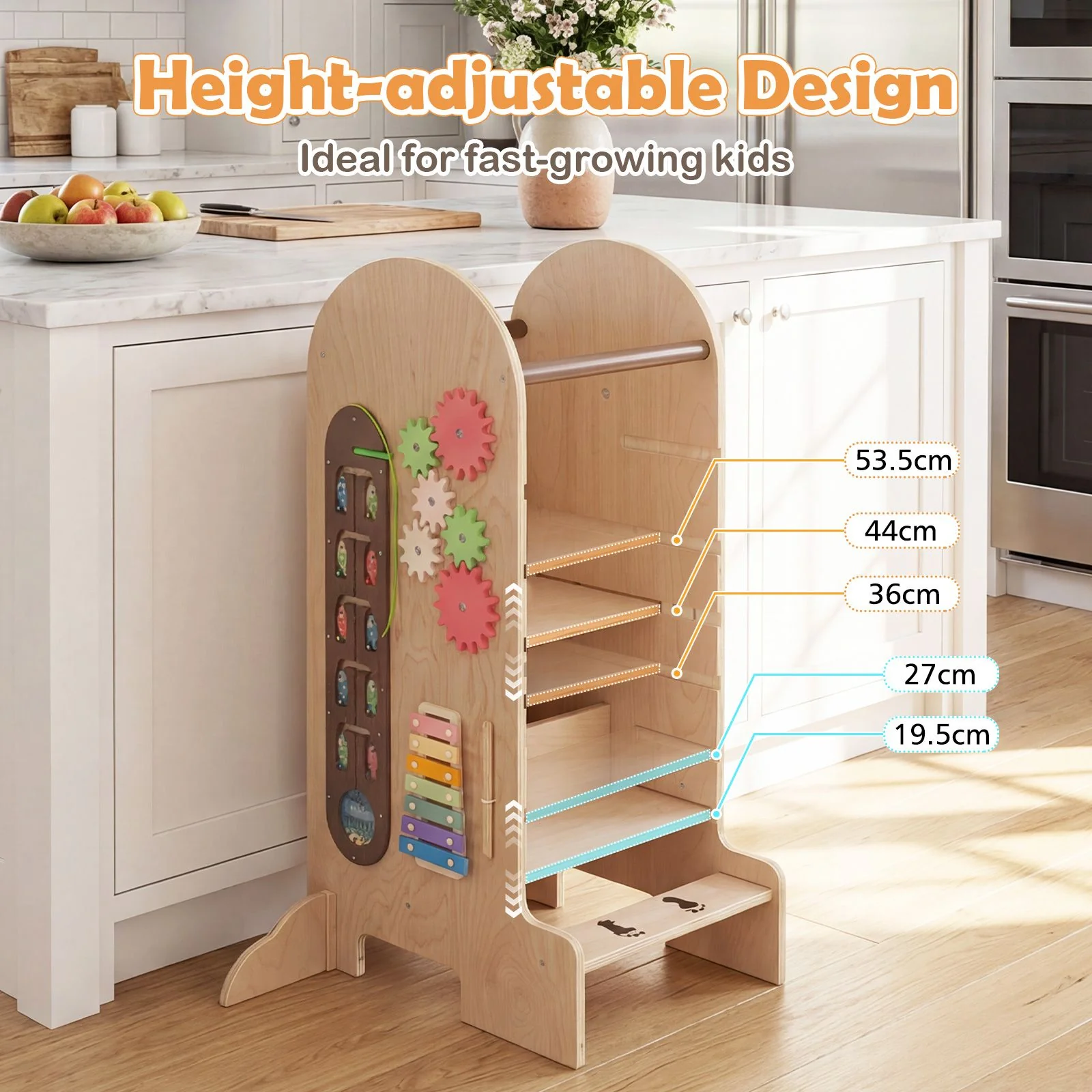 Toddler Learning Tower with Adjustable Height Chalkboard Slide and Safety Rails - Image 9