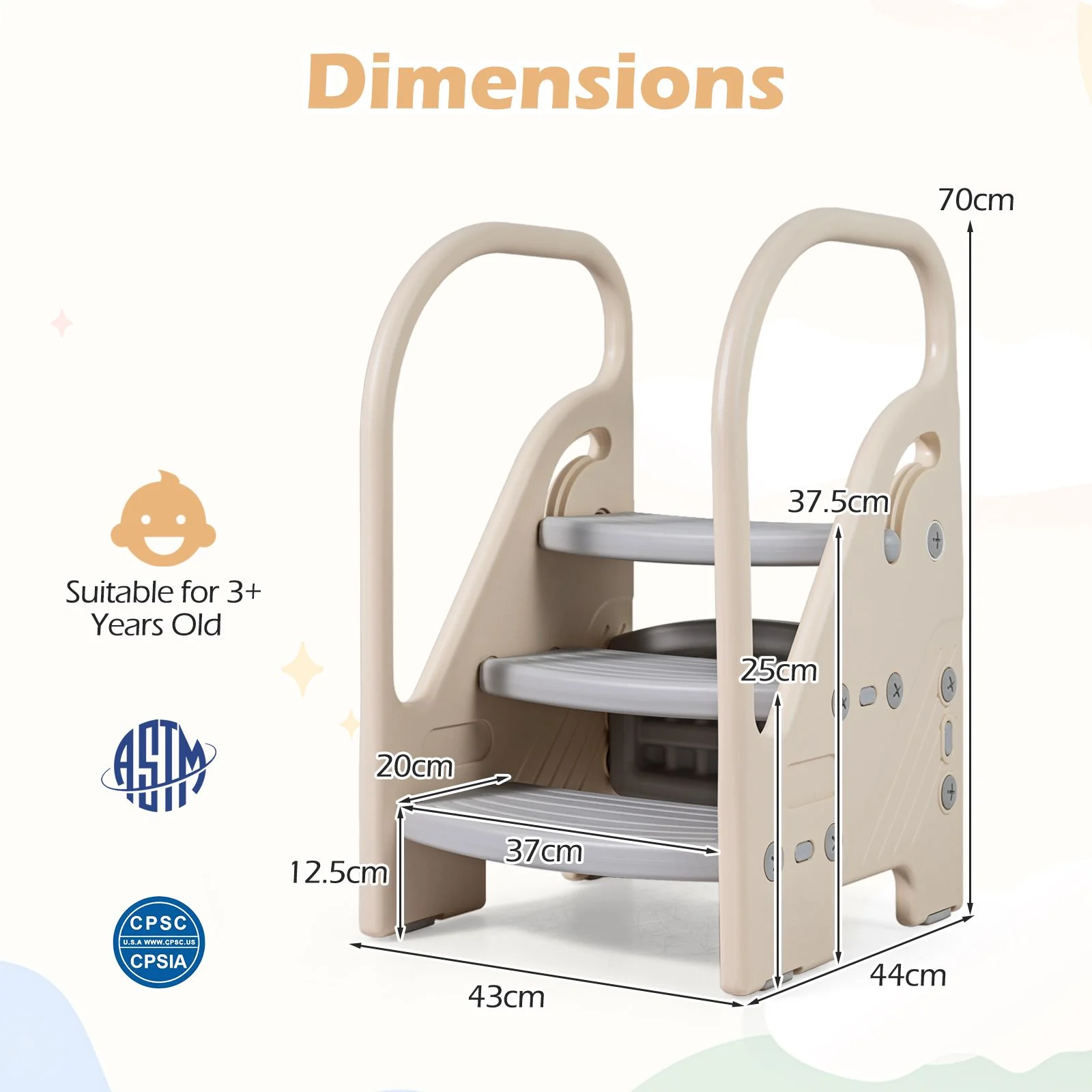 Toddler Step Stool with Adjustable 2/3-Step and Safety Handles for Bedroom - Image 10