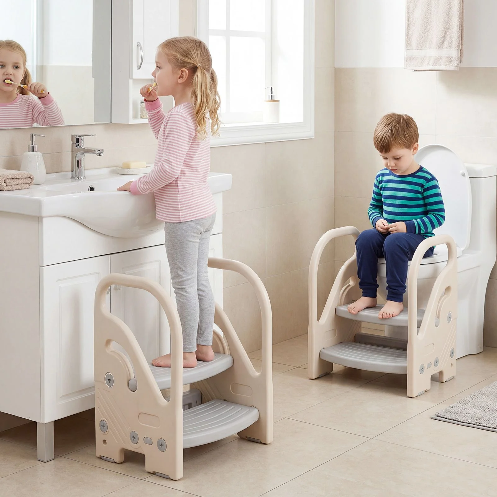 Toddler Step Stool with Adjustable 2/3-Step and Safety Handles for Bedroom - Image 4