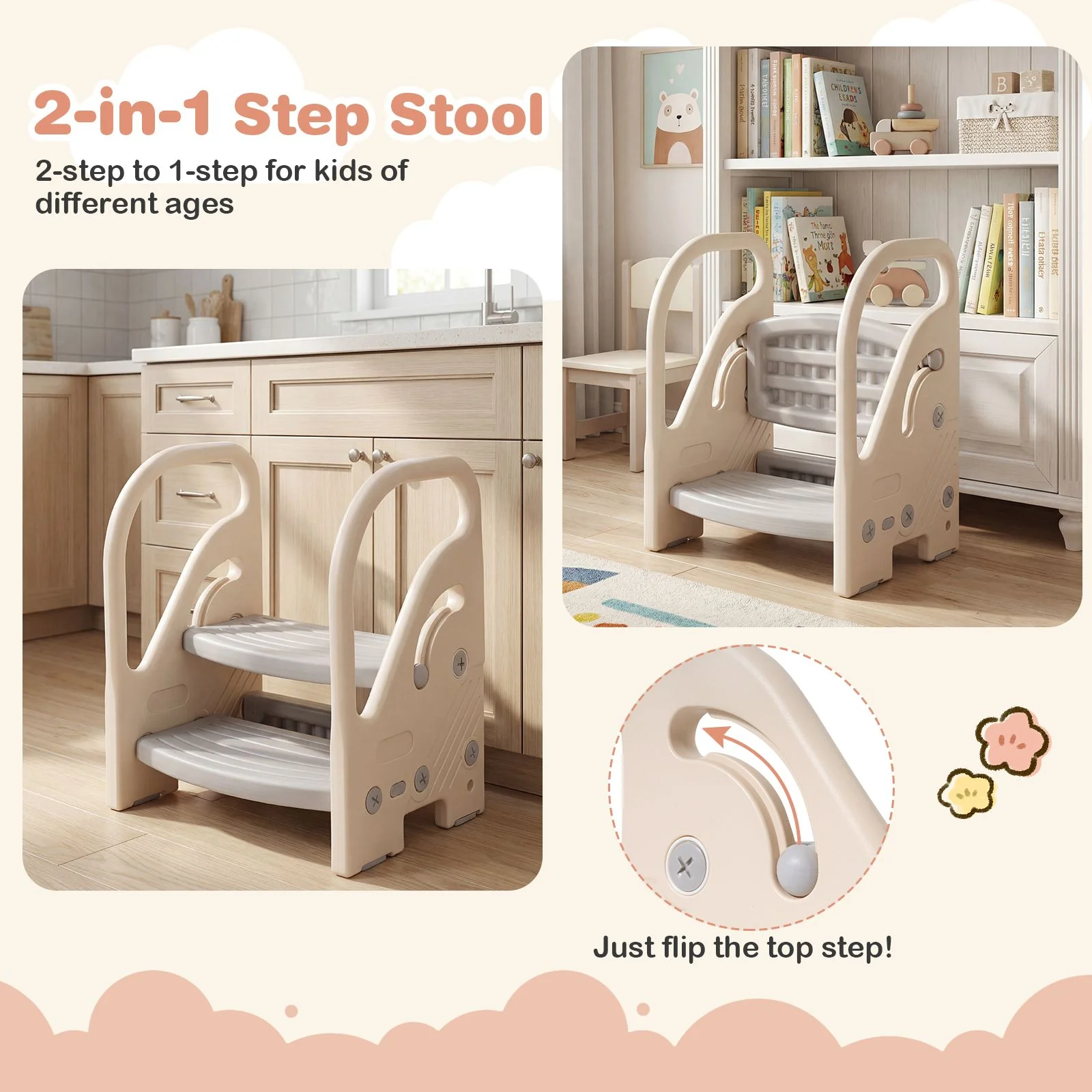 Toddler Step Stool with Adjustable 2/3-Step and Safety Handles for Bedroom - Image 5