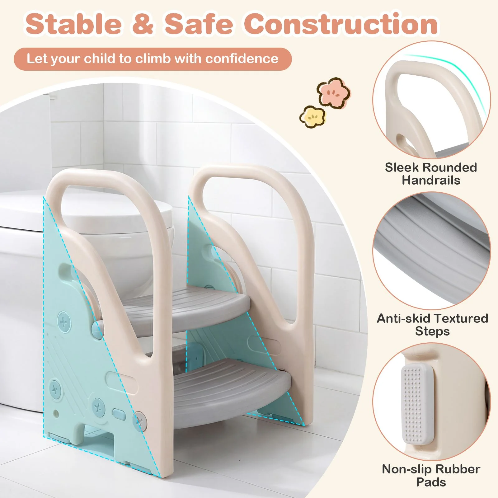 Toddler Step Stool with Adjustable 2/3-Step and Safety Handles for Bedroom - Image 6