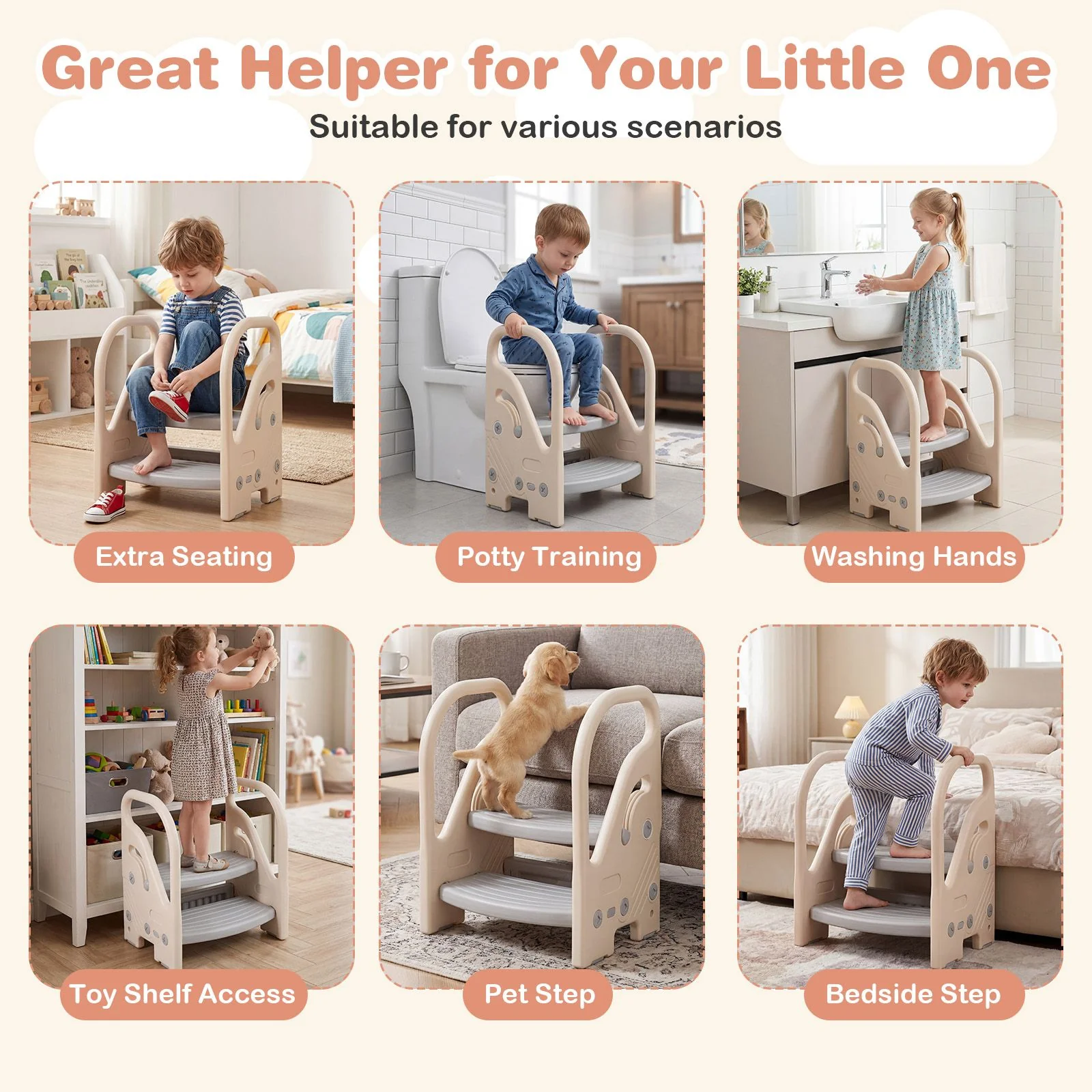Toddler Step Stool with Adjustable 2/3-Step and Safety Handles for Bedroom - Image 9