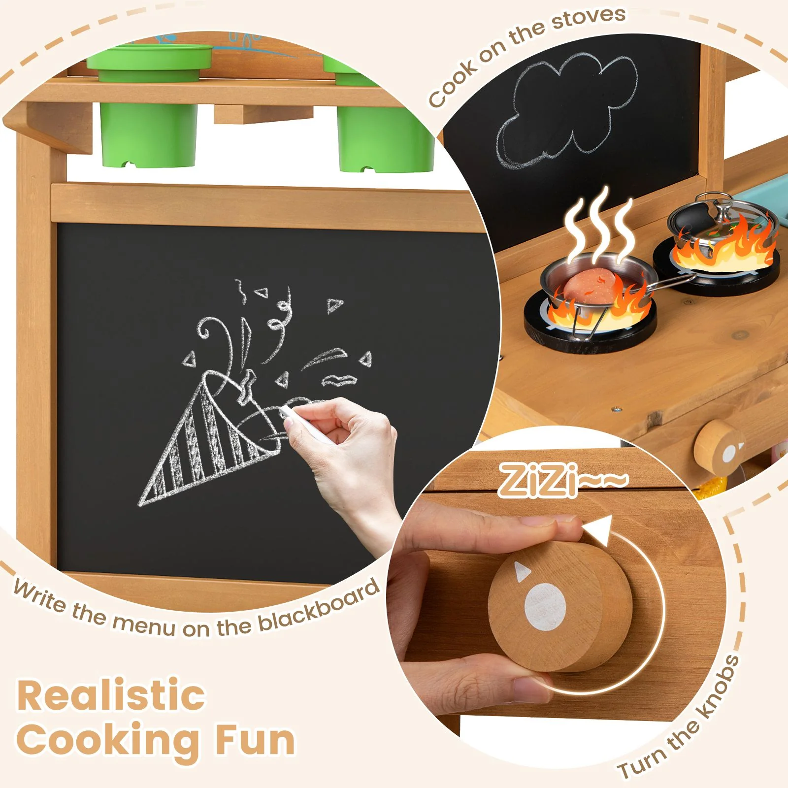 Toddler Wooden Pretend Play Kitchen Playset with Faucet and Pots - Image 4