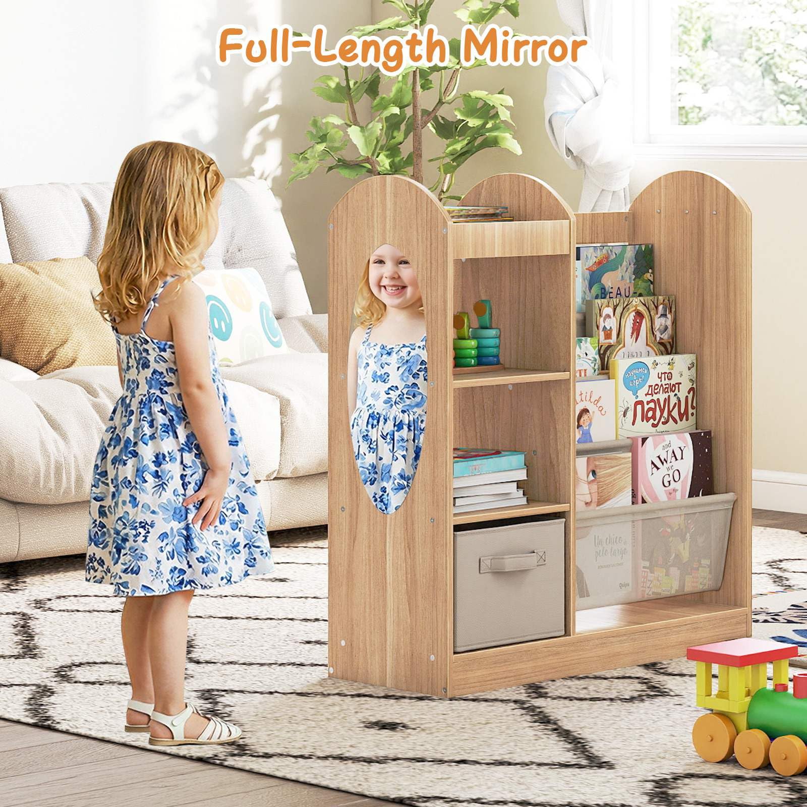 Toy Storage Organizer with Full-Length Mirror and 4-Tier Sling Shelves - Image 7