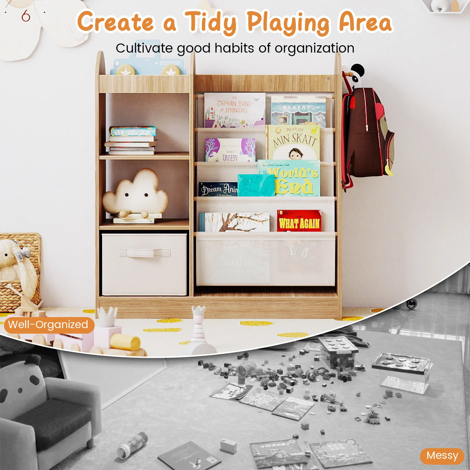 Toy Storage Organizer with Full-Length Mirror and 4-Tier Sling Shelves - Image 9