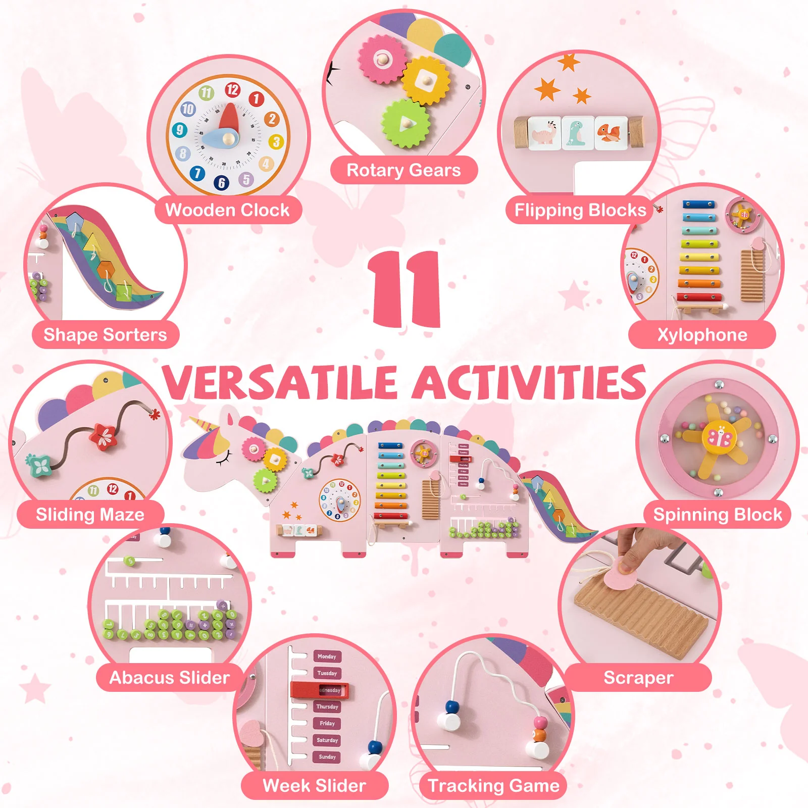 Unicorn Activity Wall Busy Board Panels 11-in-1 Montessori Sensory Board - Image 5
