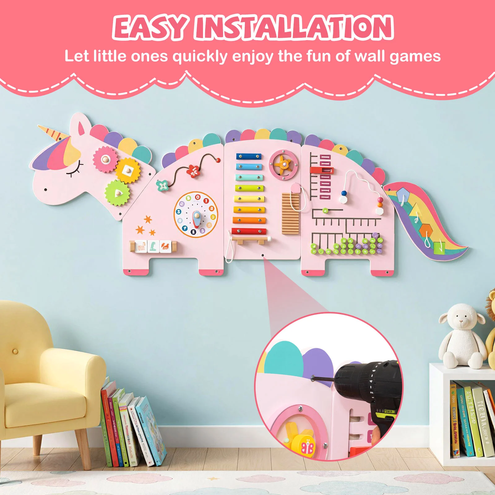 Unicorn Activity Wall Busy Board Panels 11-in-1 Montessori Sensory Board - Image 6