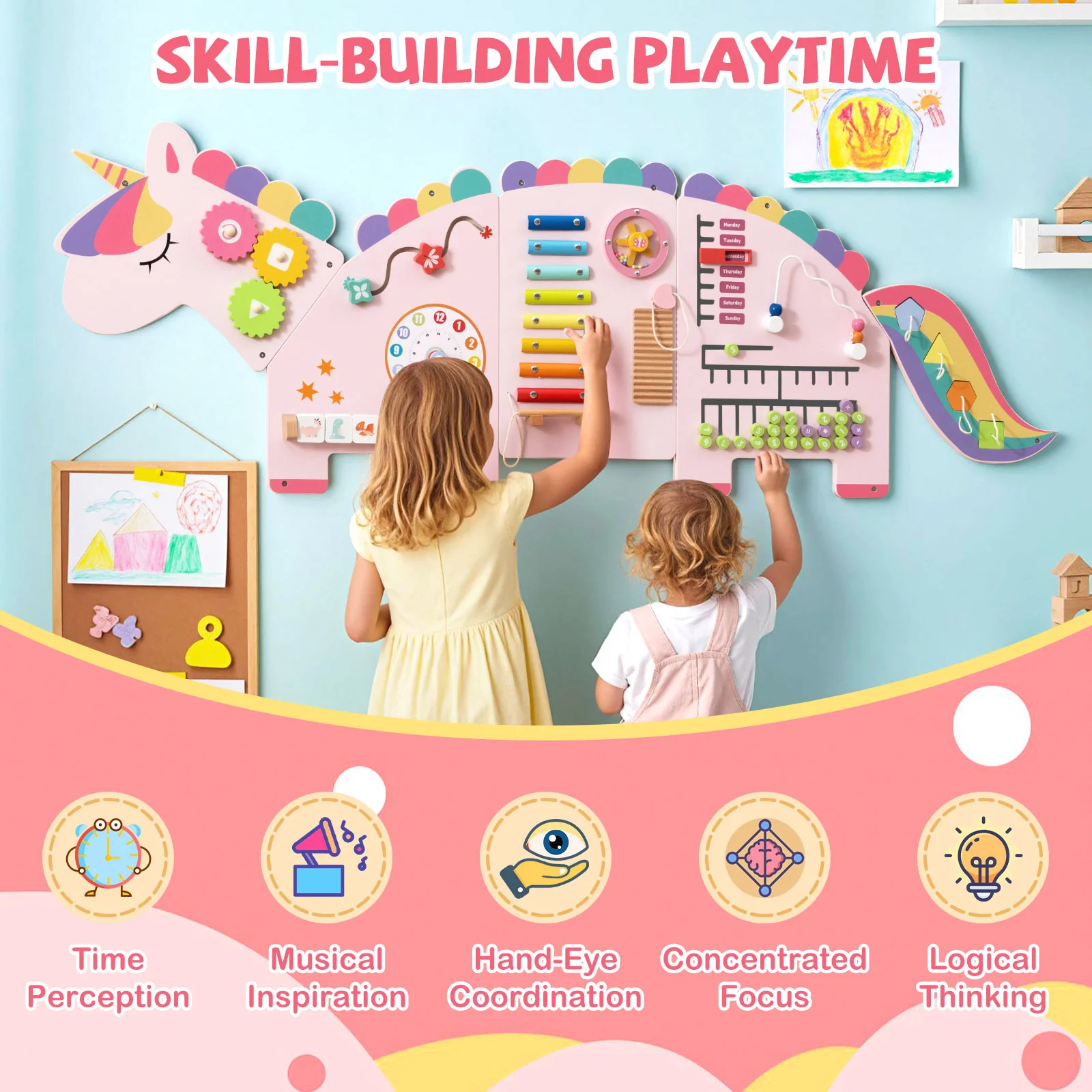 Unicorn Activity Wall Busy Board Panels 11-in-1 Montessori Sensory Board - Image 7