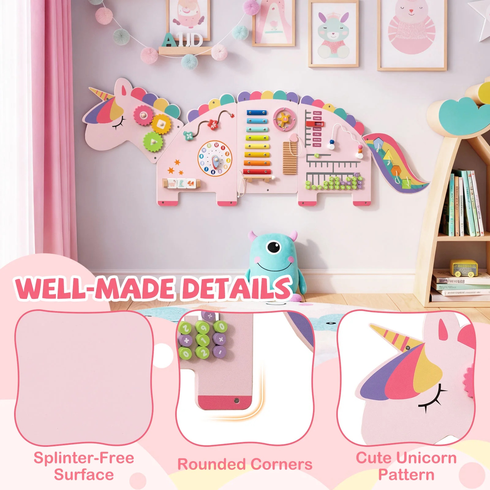 Unicorn Activity Wall Busy Board Panels 11-in-1 Montessori Sensory Board - Image 9