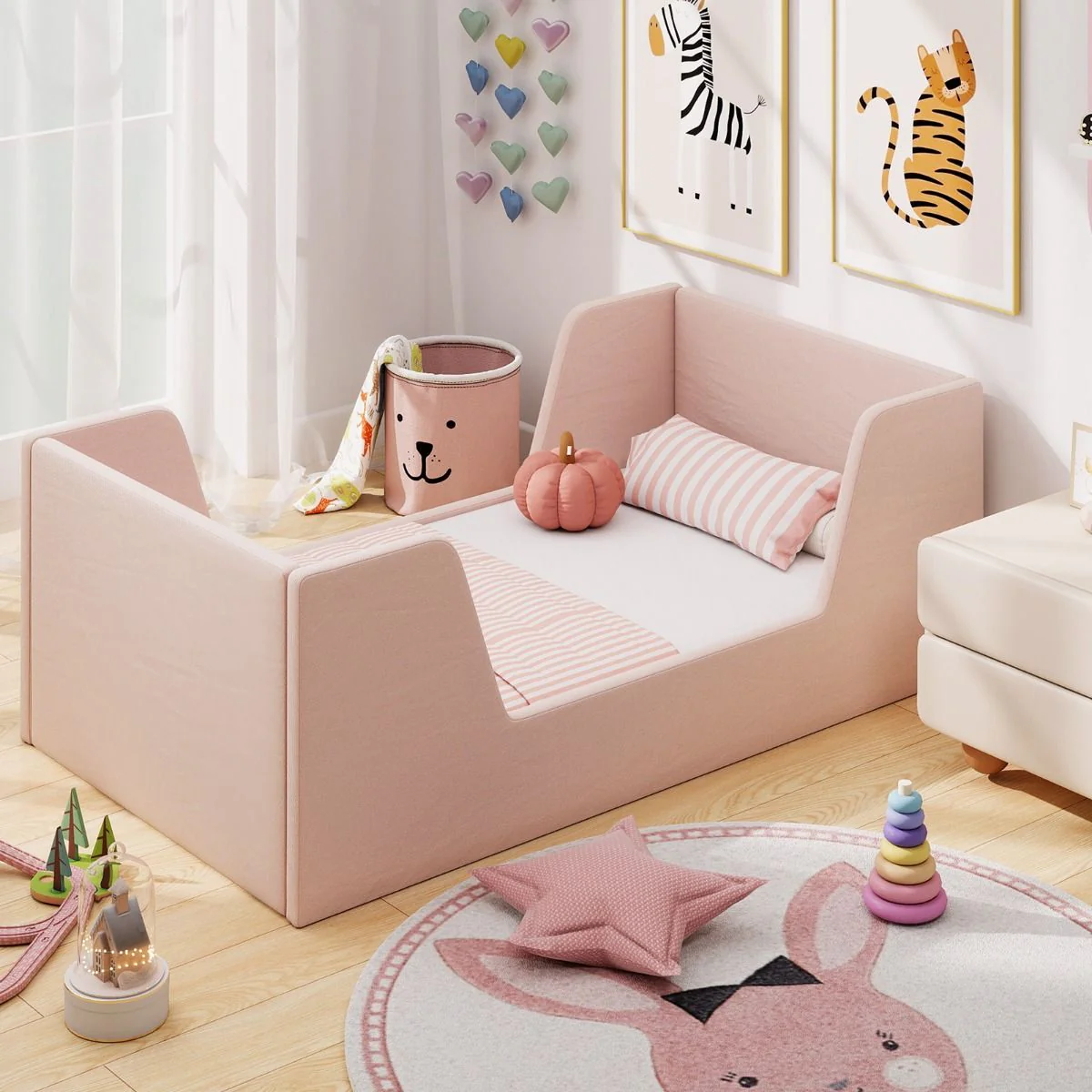 Velvet Fabric Children Floor Bed with Safety Rails and Headboard - Image 10