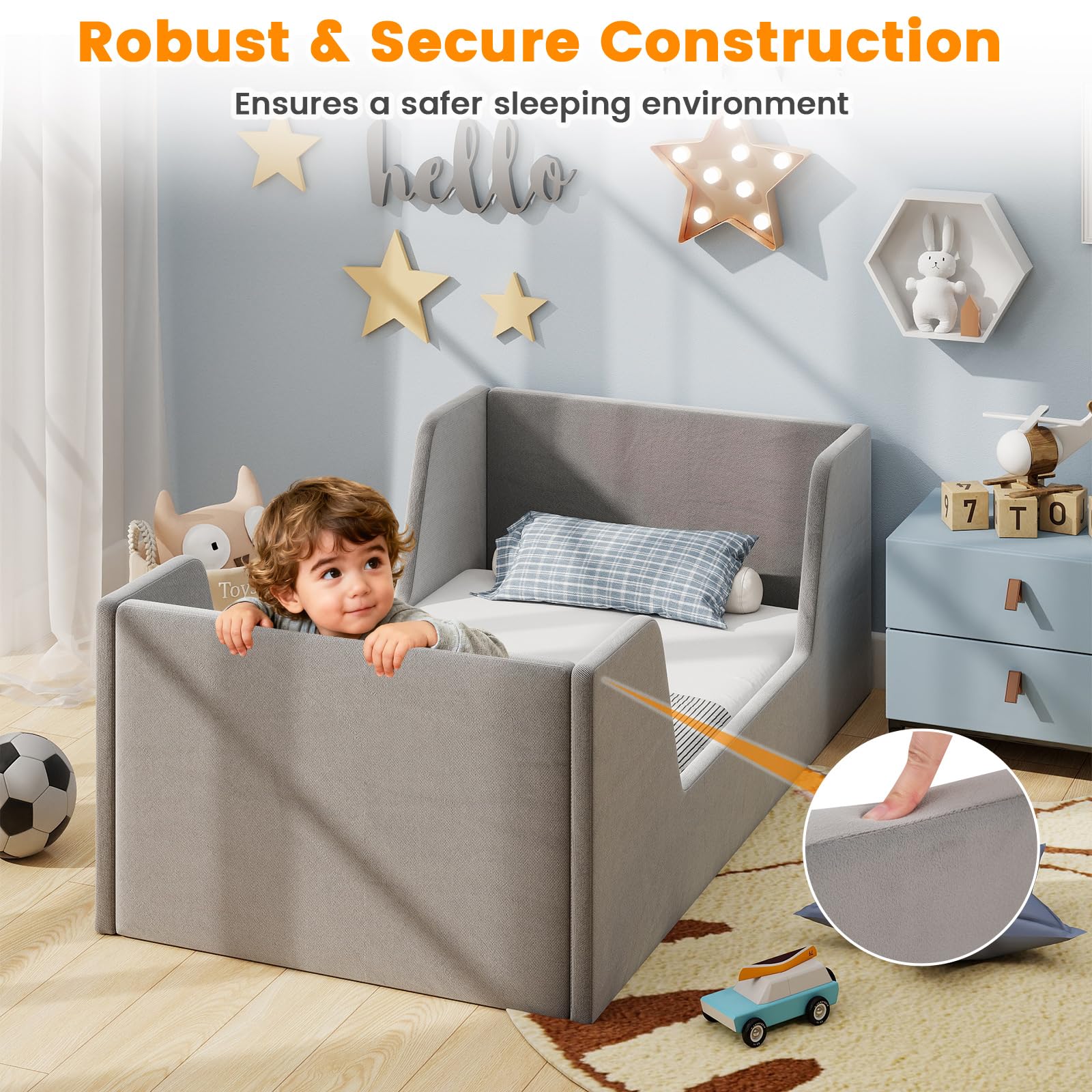 Velvet Fabric Children Floor Bed with Safety Rails and Headboard - Image 6