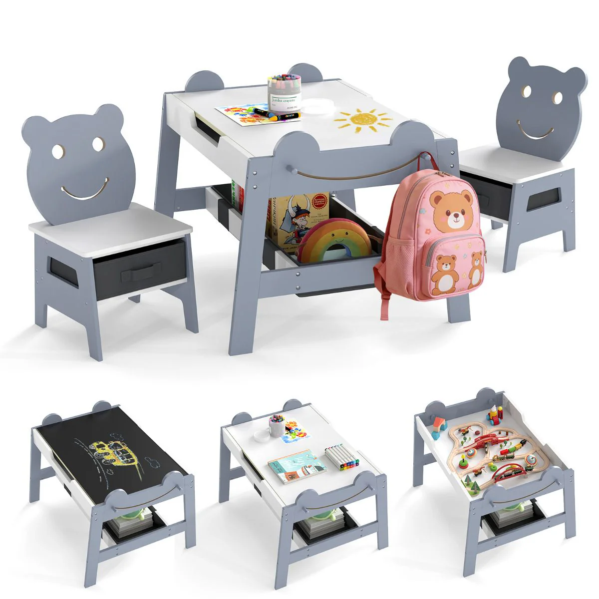 Versatile Kids Table and 2 Chairs Set with Hanging Hooks