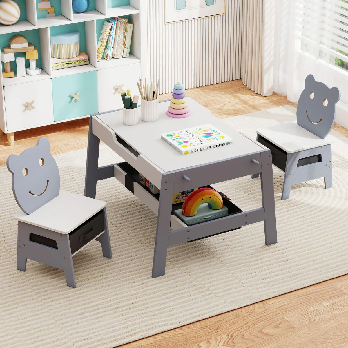 Versatile Kids Table and 2 Chairs Set with Hanging Hooks - Image 2