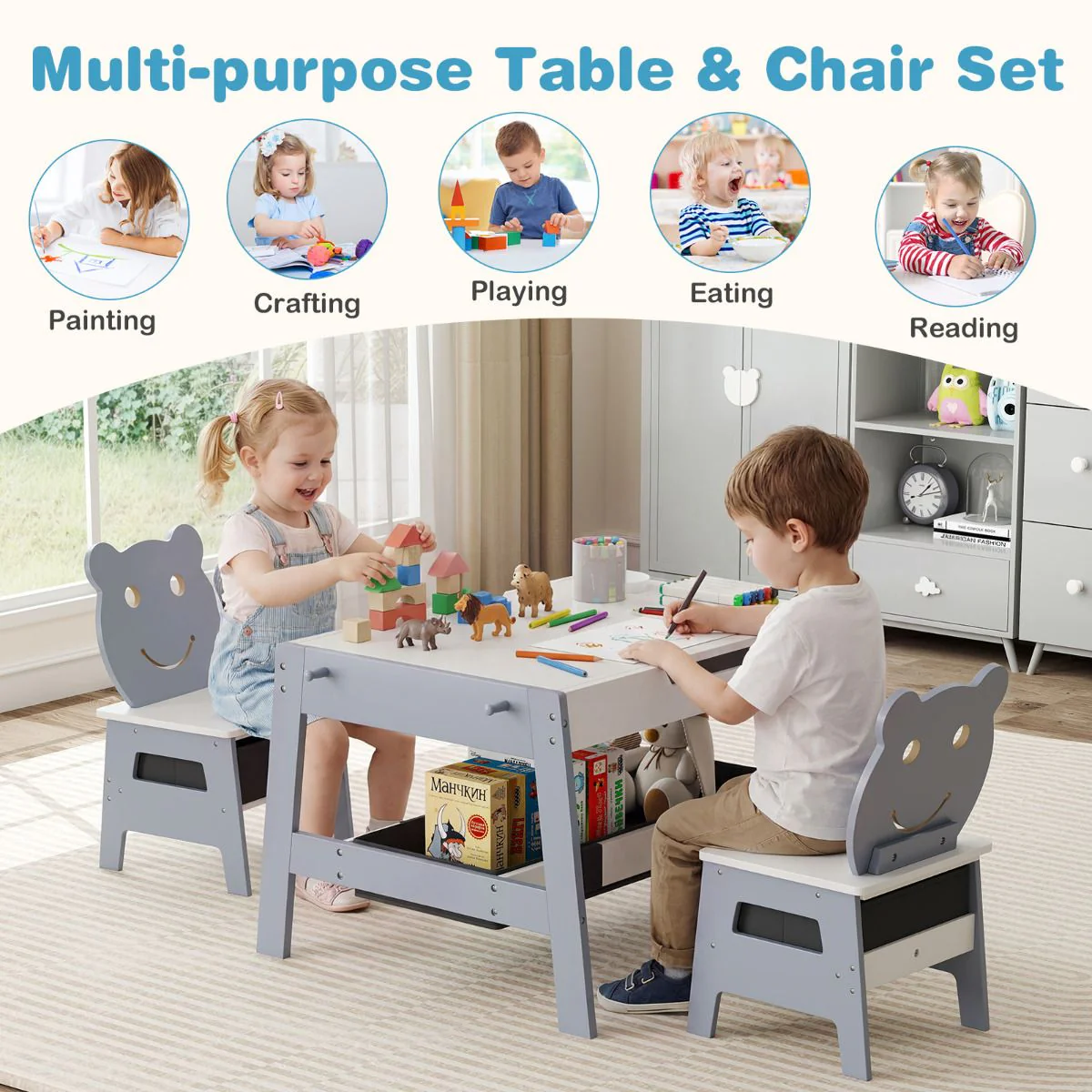 Versatile Kids Table and 2 Chairs Set with Hanging Hooks - Image 7