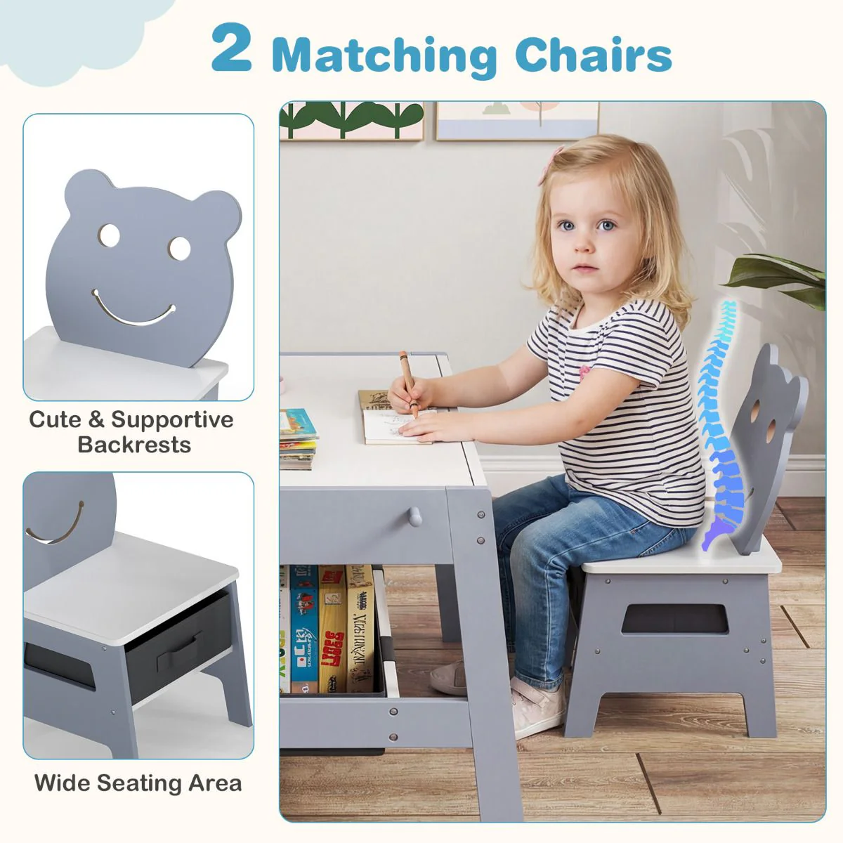 Versatile Kids Table and 2 Chairs Set with Hanging Hooks - Image 8