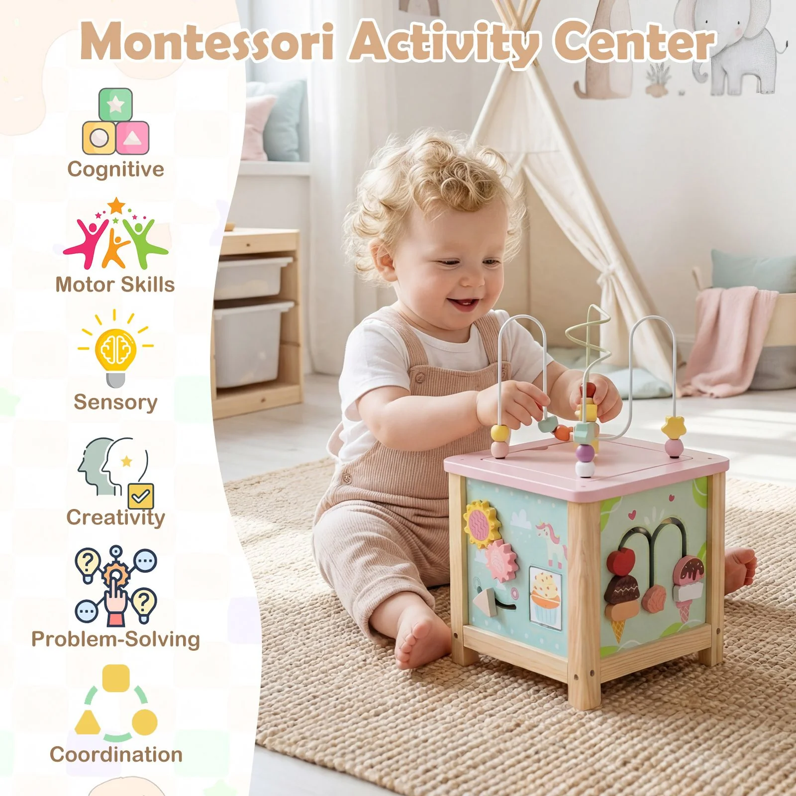 Wooden Activity Cube Montessori Sensory Toys for 18+ Months Toddlers - Image 7