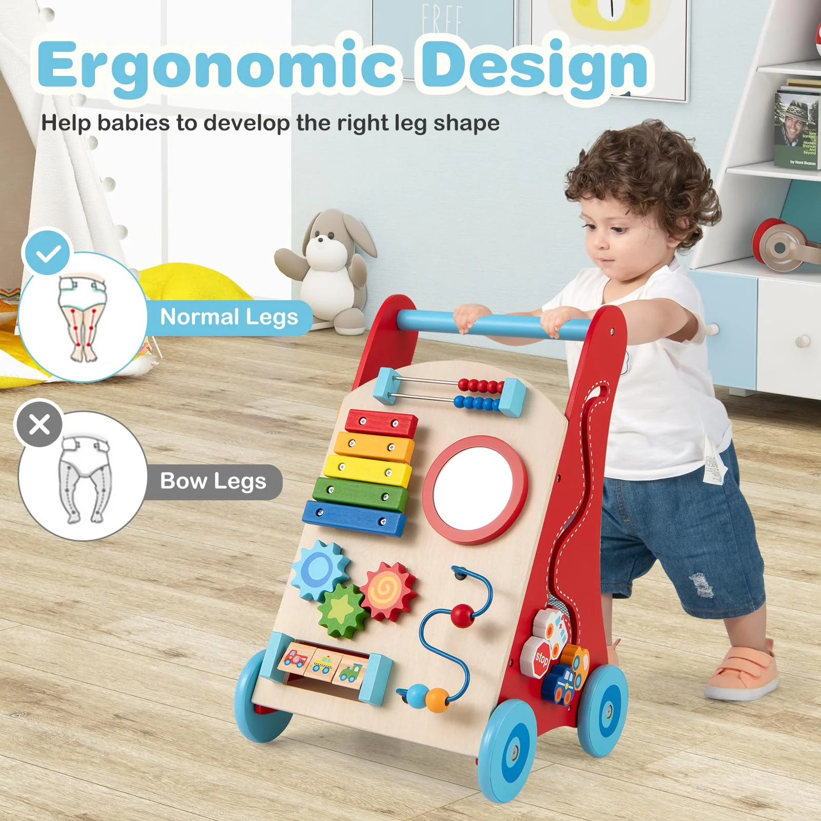 Wooden Baby Walker, Baby Push Walker with Handle, Storage & Wheels, Push and Pull Learning Activity Walker - Image 3