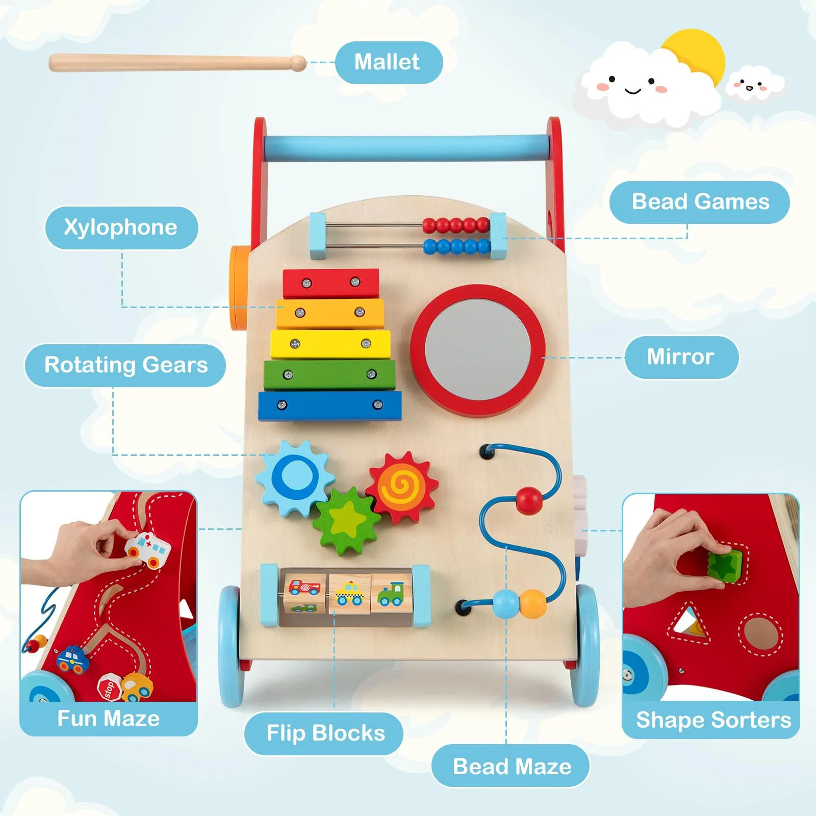 Wooden Baby Walker, Baby Push Walker with Handle, Storage & Wheels, Push and Pull Learning Activity Walker - Image 4