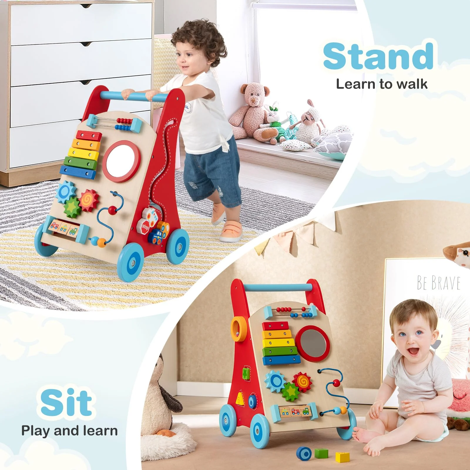 Wooden Baby Walker, Baby Push Walker with Handle, Storage & Wheels, Push and Pull Learning Activity Walker - Image 5