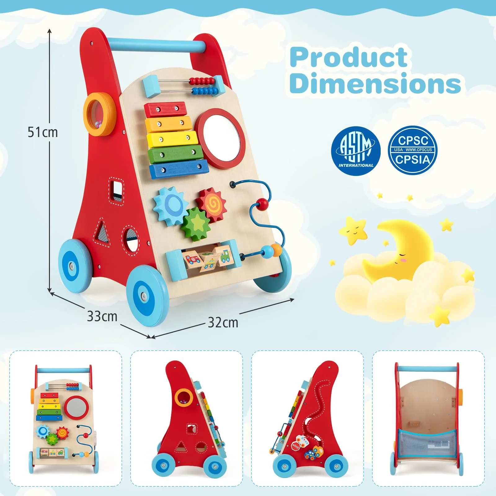Wooden Baby Walker, Baby Push Walker with Handle, Storage & Wheels, Push and Pull Learning Activity Walker - Image 6