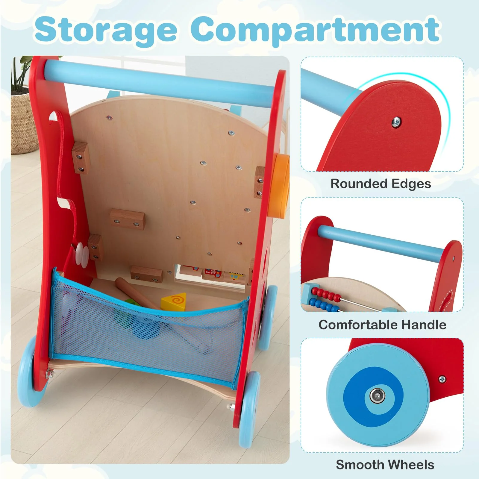 Wooden Baby Walker, Baby Push Walker with Handle, Storage & Wheels, Push and Pull Learning Activity Walker - Image 7