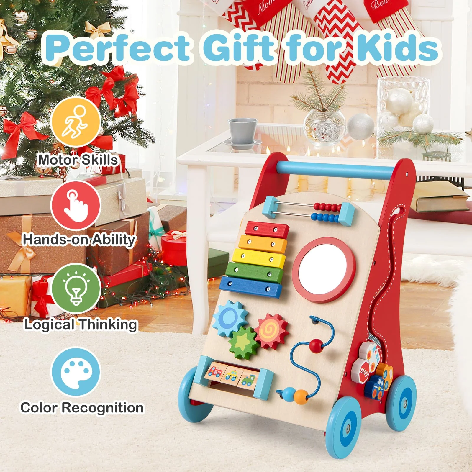 Wooden Baby Walker, Baby Push Walker with Handle, Storage & Wheels, Push and Pull Learning Activity Walker - Image 8