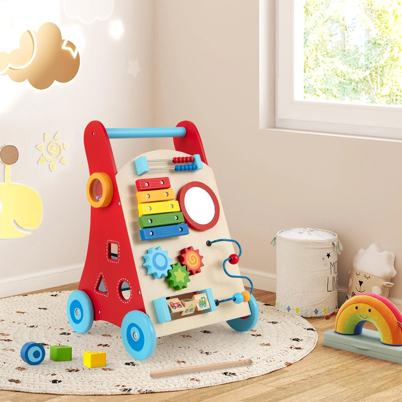Wooden Baby Walker, Baby Push Walker with Handle, Storage & Wheels, Push and Pull Learning Activity Walker - Image 9