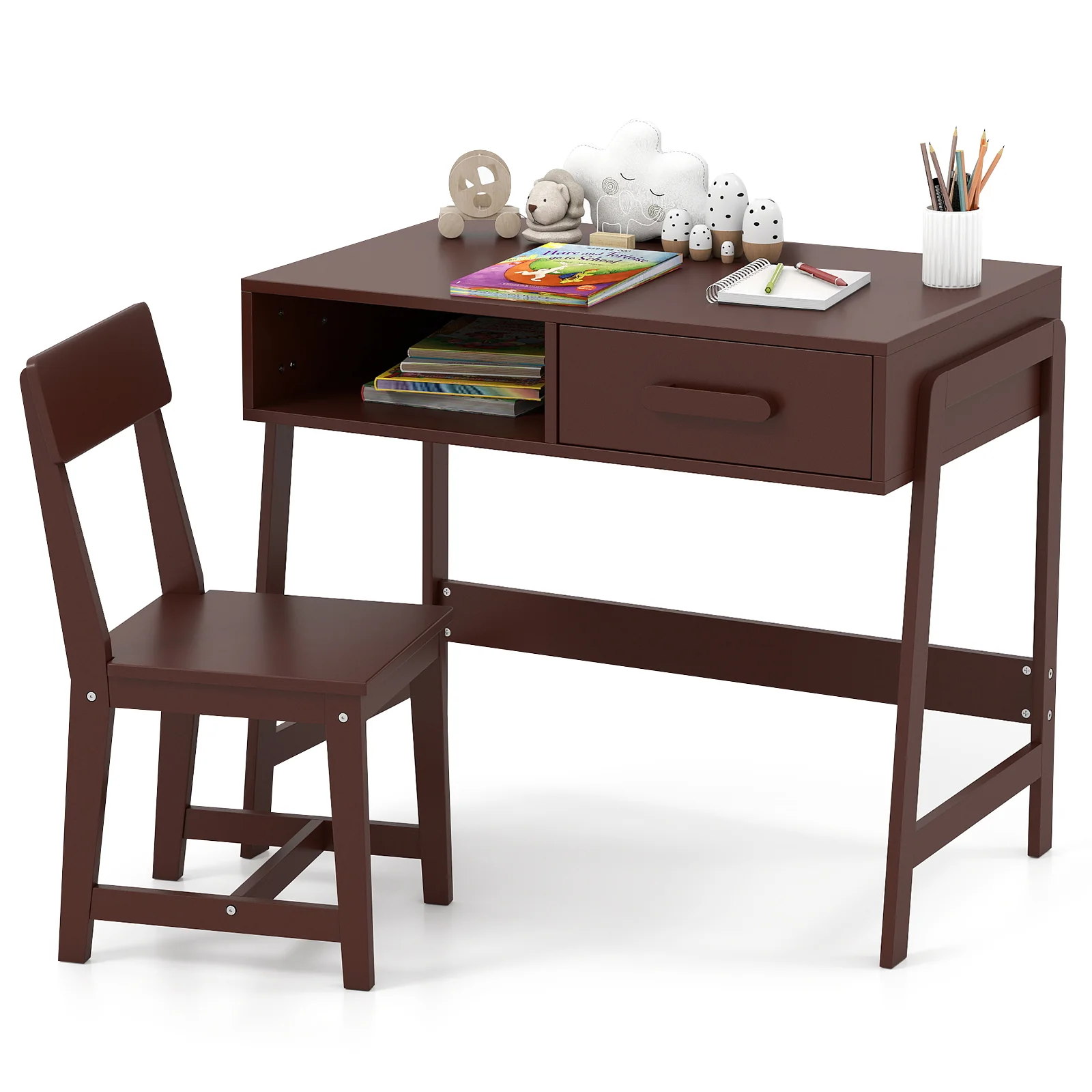 Wooden Children Study Table Set with Storage Drawer and Hutch - Image 10