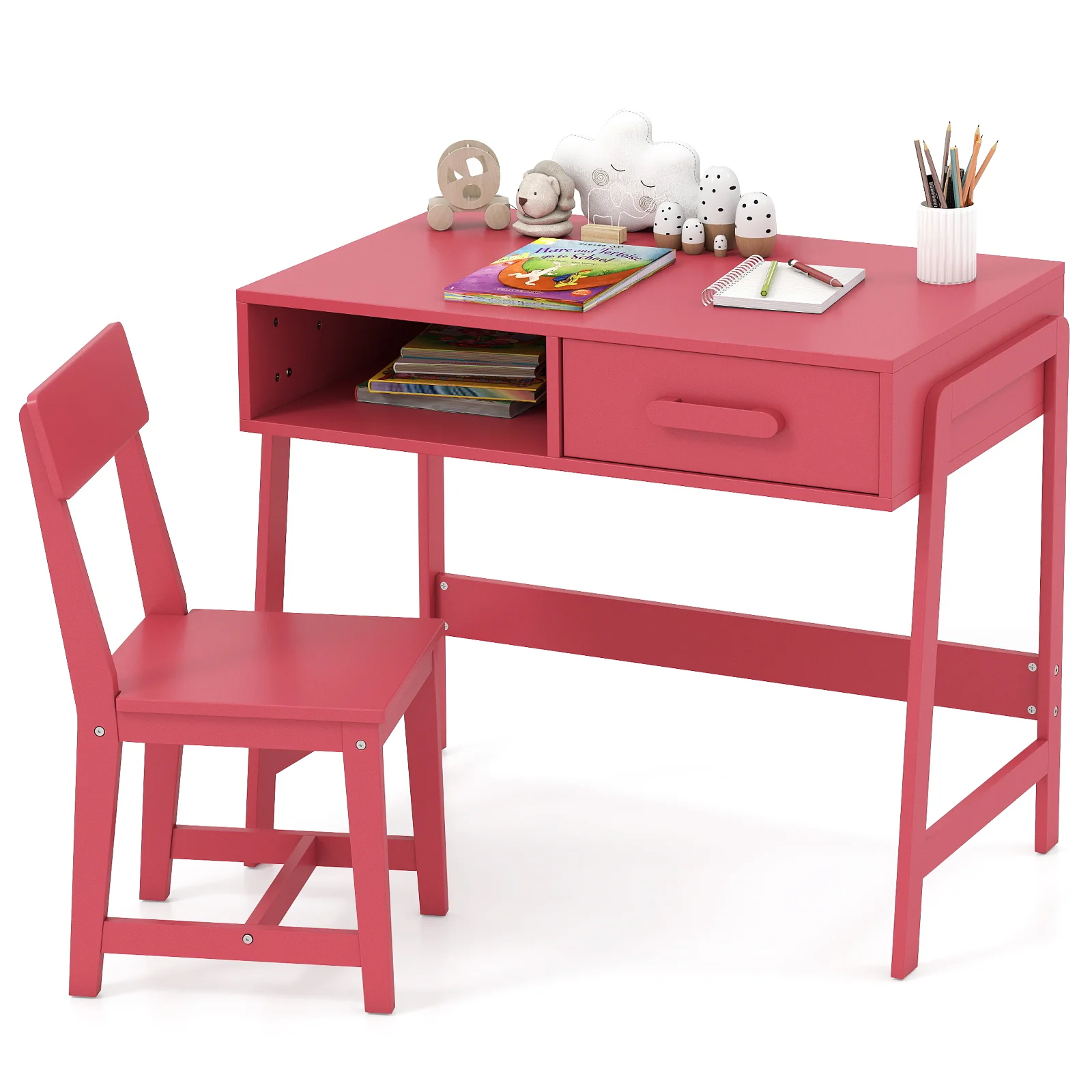 Wooden Children Study Table Set with Storage Drawer and Hutch - Image 11