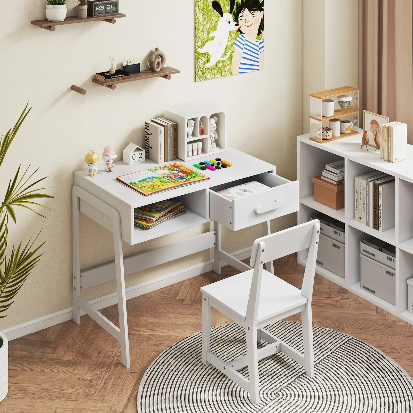 Wooden Children Study Table Set with Storage Drawer and Hutch - Image 2