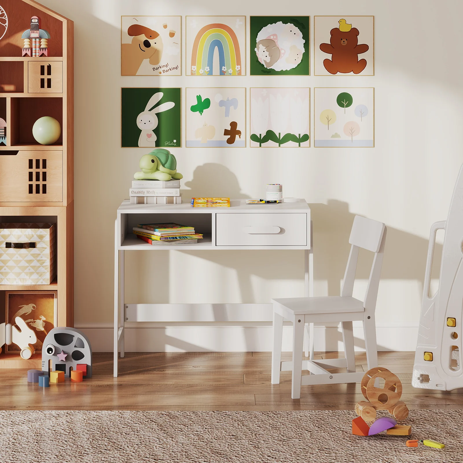 Wooden Children Study Table Set with Storage Drawer and Hutch - Image 3