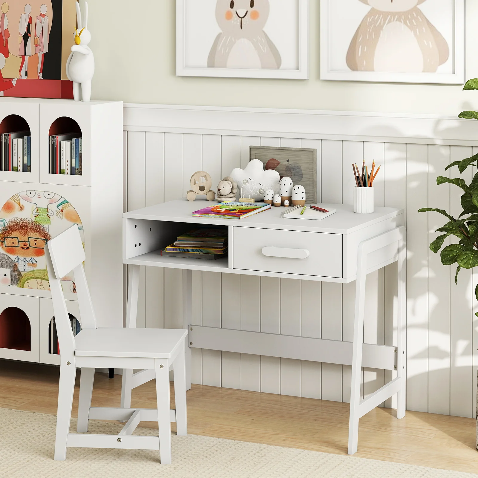 Wooden Children Study Table Set with Storage Drawer and Hutch - Image 4