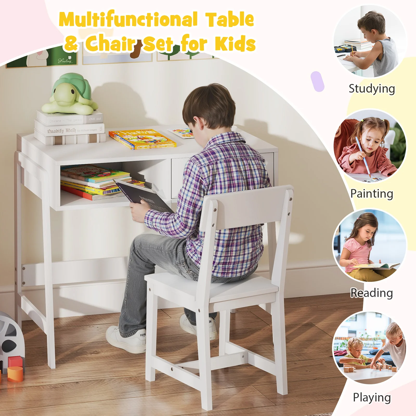 Wooden Children Study Table Set with Storage Drawer and Hutch - Image 7