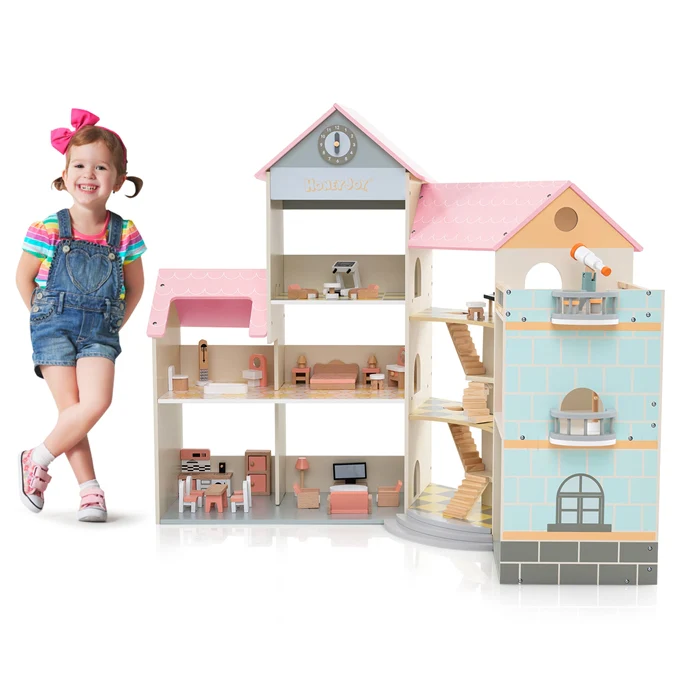 Wooden Corner Dollhouse Playset with 34 Pieces of Furniture and Accessories - Image 10