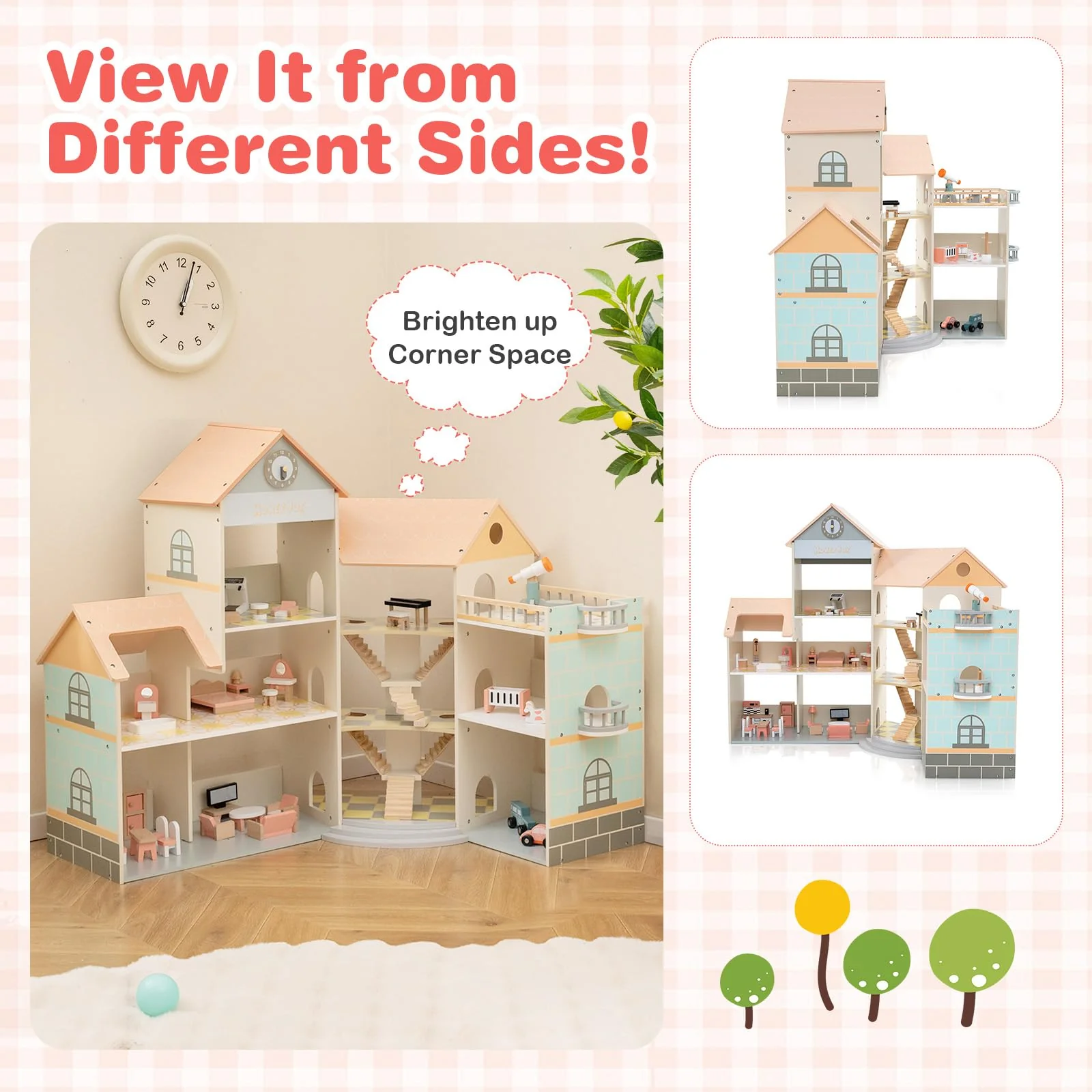 Wooden Corner Dollhouse Playset with 34 Pieces of Furniture and Accessories - Image 6
