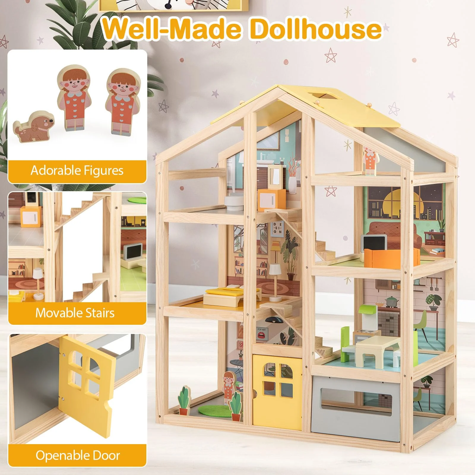 Wooden Dollhouse for Kids, Modern Family Pretend Playhouse w/Furniture Pieces & Figures - Image 6