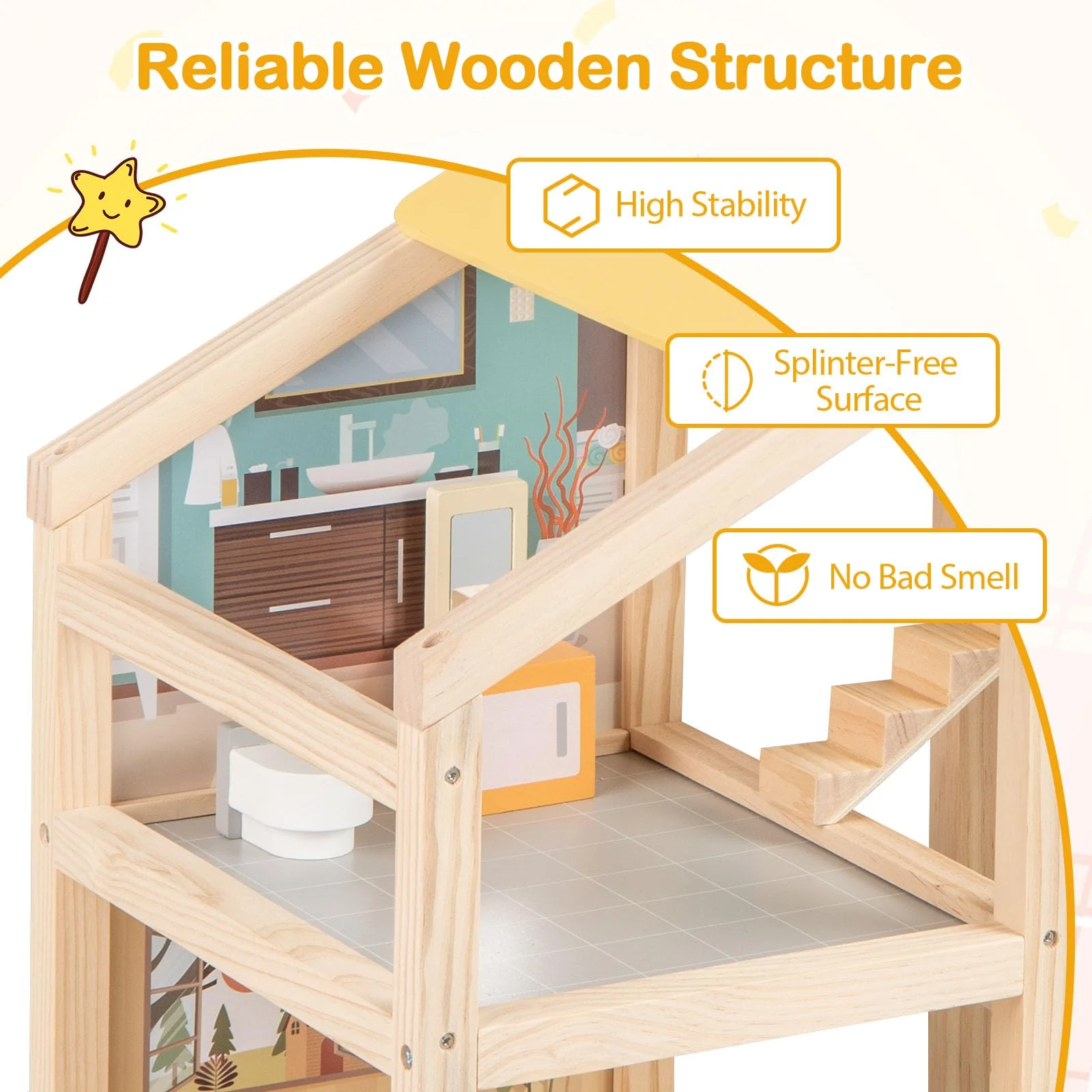 Wooden Dollhouse for Kids, Modern Family Pretend Playhouse w/Furniture Pieces & Figures - Image 7